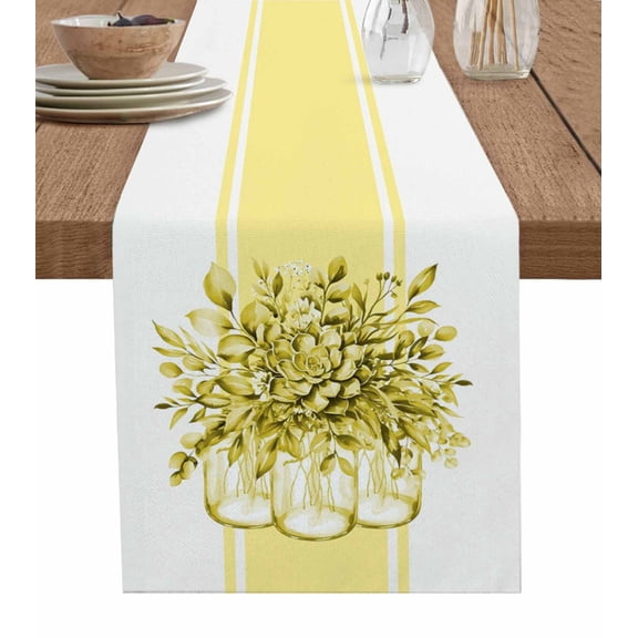Eucalyptus Yellow Table Runner 120 Inches, Vintage Succulents Flower Stripe Bed Runner Dresser Scarves Tabletop for Indoor Outdoor Parties/Ceremony/Banquet, 13"x 120"