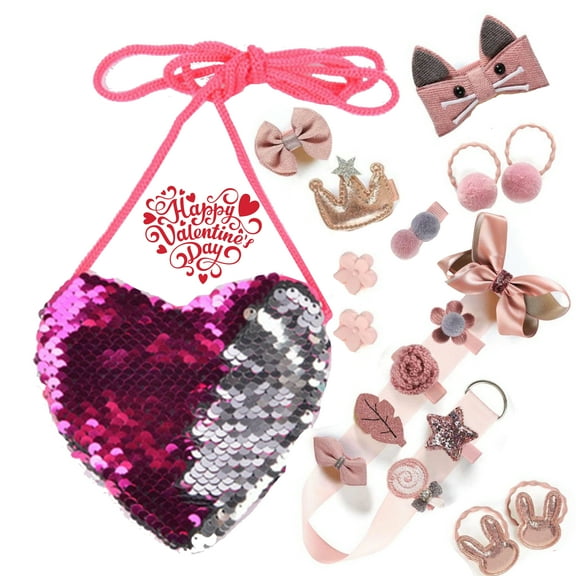 Girl Infant Toddler gift set cross body Sequins Loving Heart Shoulder Coin Bag with 18 hair Headwear Clips accessories bunny pink barrettes elastic Band