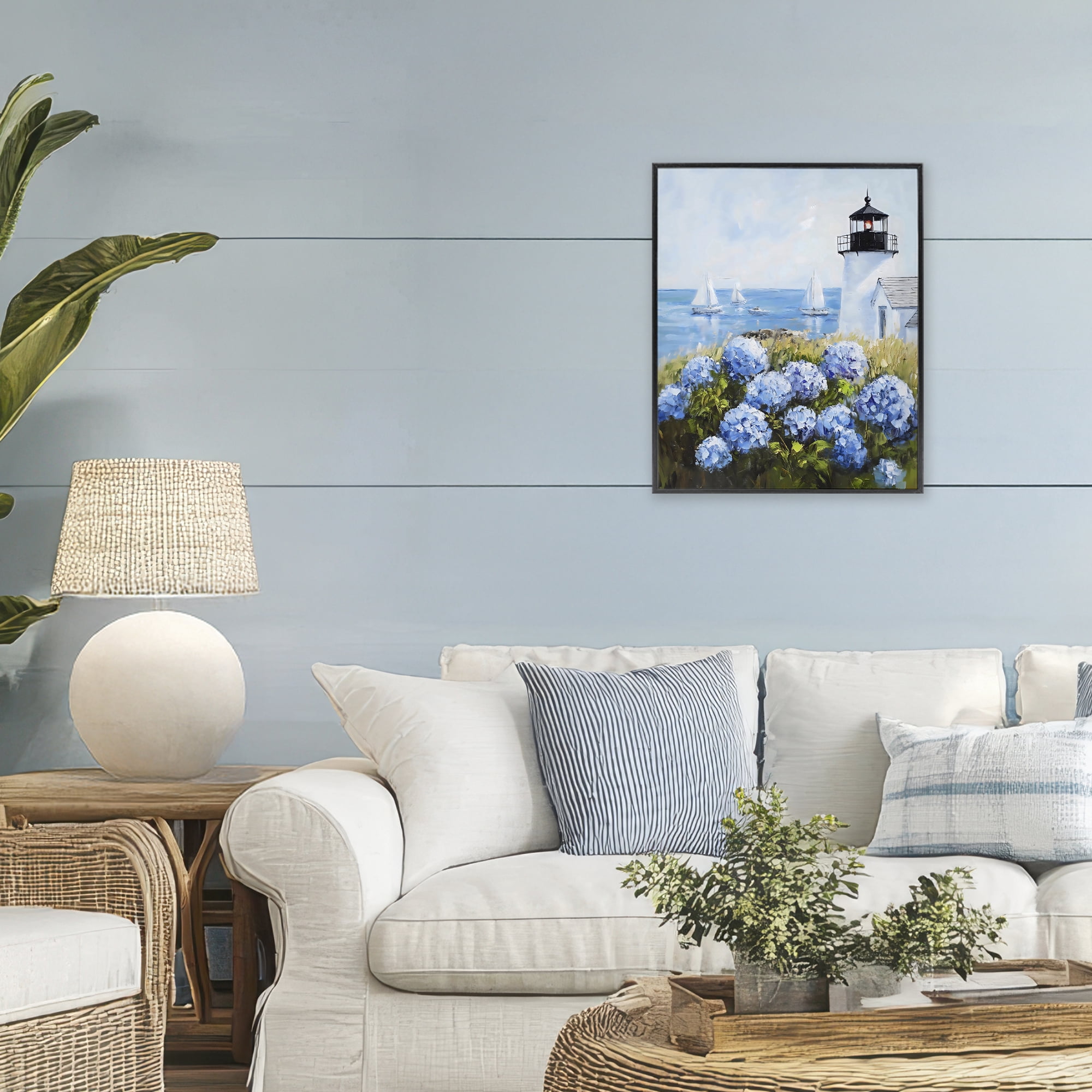 Stupell Industries Lighthouse Surrounded by Hydrangeas Black Framed Giclee Art, design by Arlington Prints
