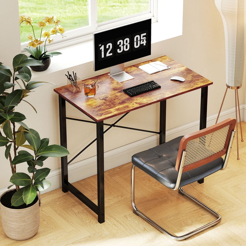 CONCETTA Computer Desk, 40 Inch with Storage Bag and Iron Hooks for Home, Office, Rustic Brown