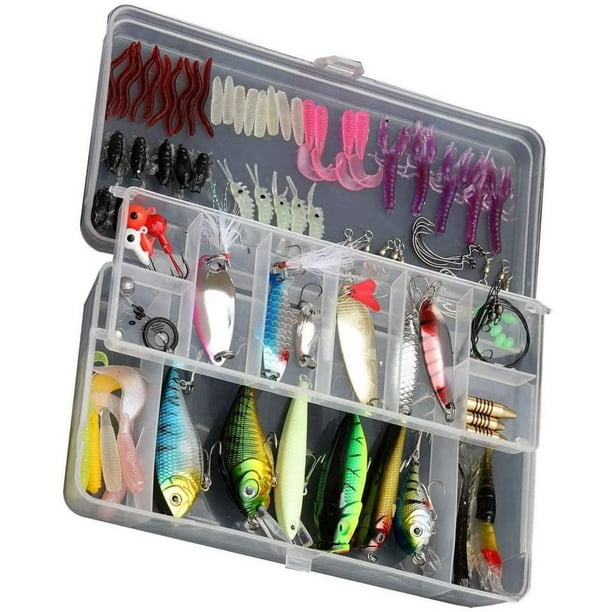 Bass Fishing Lures Accessories Tackle Box Kit Angling Trout Spinnerbaits  Rigs Jigs Gear Minnow Popper Spoon Swimming Baits Pike Perch Salmon Walleye  Musky Freshwater (100pcs Kit) 