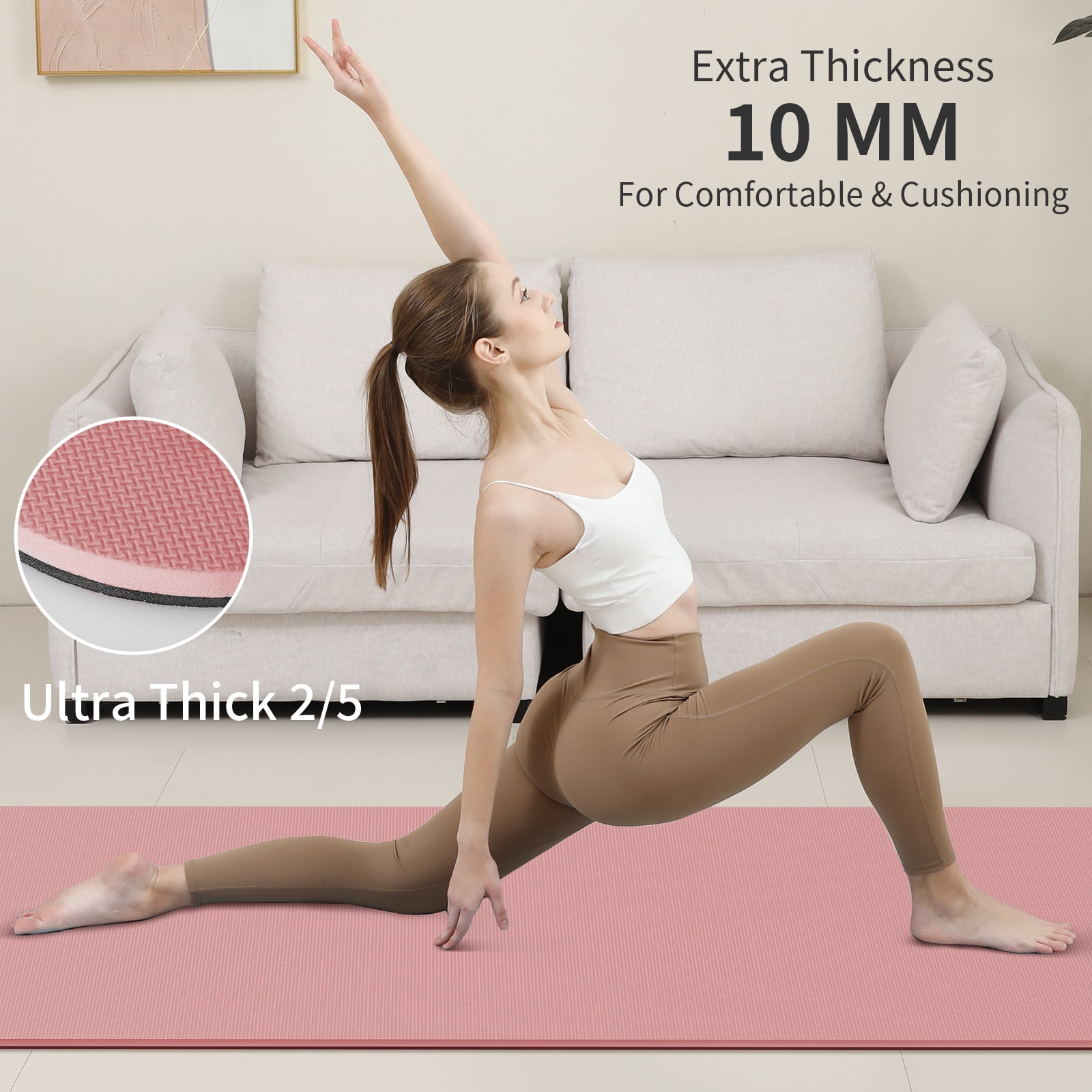 4W 10mm Thick Pink Yoga Mat- TPE Non-Slip Exercise Mats with Strap for Home Workout/Pilatesfor Women Men72"×26"(Pink+Black)