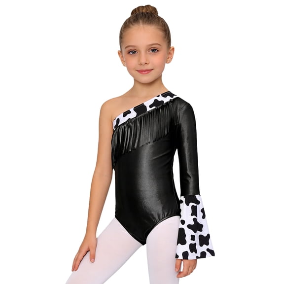 Hansber Kids Girls Shiny Metallic One Shoulder Tassels Cow Print Flared Sleeves Gymnastics Leotard for Dance Performance Black 14