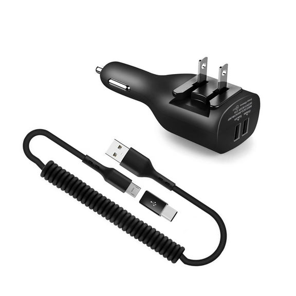 2-in-1 Car Home Charger Coiled USB Cable for Motorola Moto G Stylus 5G (2025) - Micro-USB to USB-C Adapter Charger Cord Power Wire Black Folding Prongs