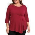 thumbnail image 1 of GRACE & GRANDEUR Blusas Casuales de Talla Grande para Mujeres, con Pliegues en la Cintura, Manga 3/4, Corte Suelto, Cuello Redondo, Dobladillo Asimétrico, 2X Rojo, 1 of 1