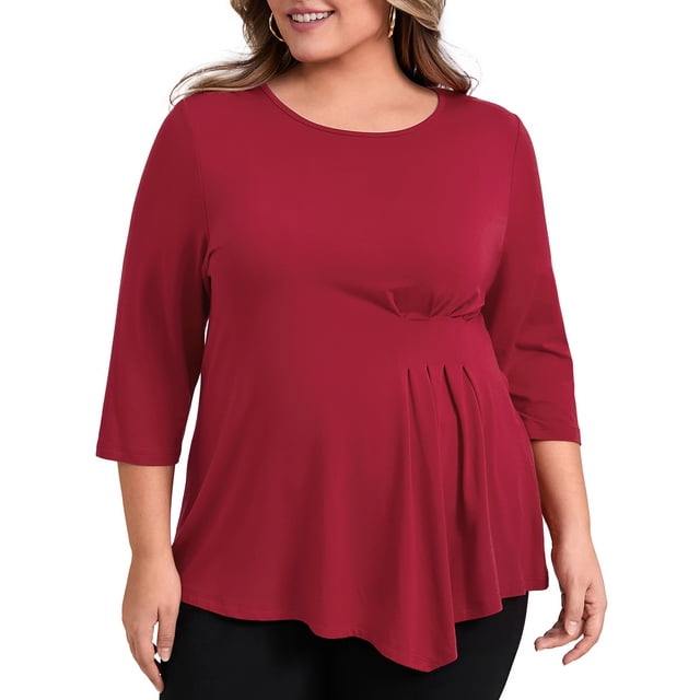 GRACE & GRANDEUR Blusas Casuales de Talla Grande para Mujeres, con Pliegues en la Cintura, Manga 3/4, Corte Suelto, Cuello Redondo, Dobladillo Asimétrico, 2X Rojo