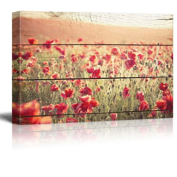wall26 Canvas Print Wall Art Red Poppy Landscape on Wood Panels Nature Wilderness Mixed Media Modern Art Rustic Relax/Calm Multicolor for Living Room, Bedroom, Office - 16"x24"