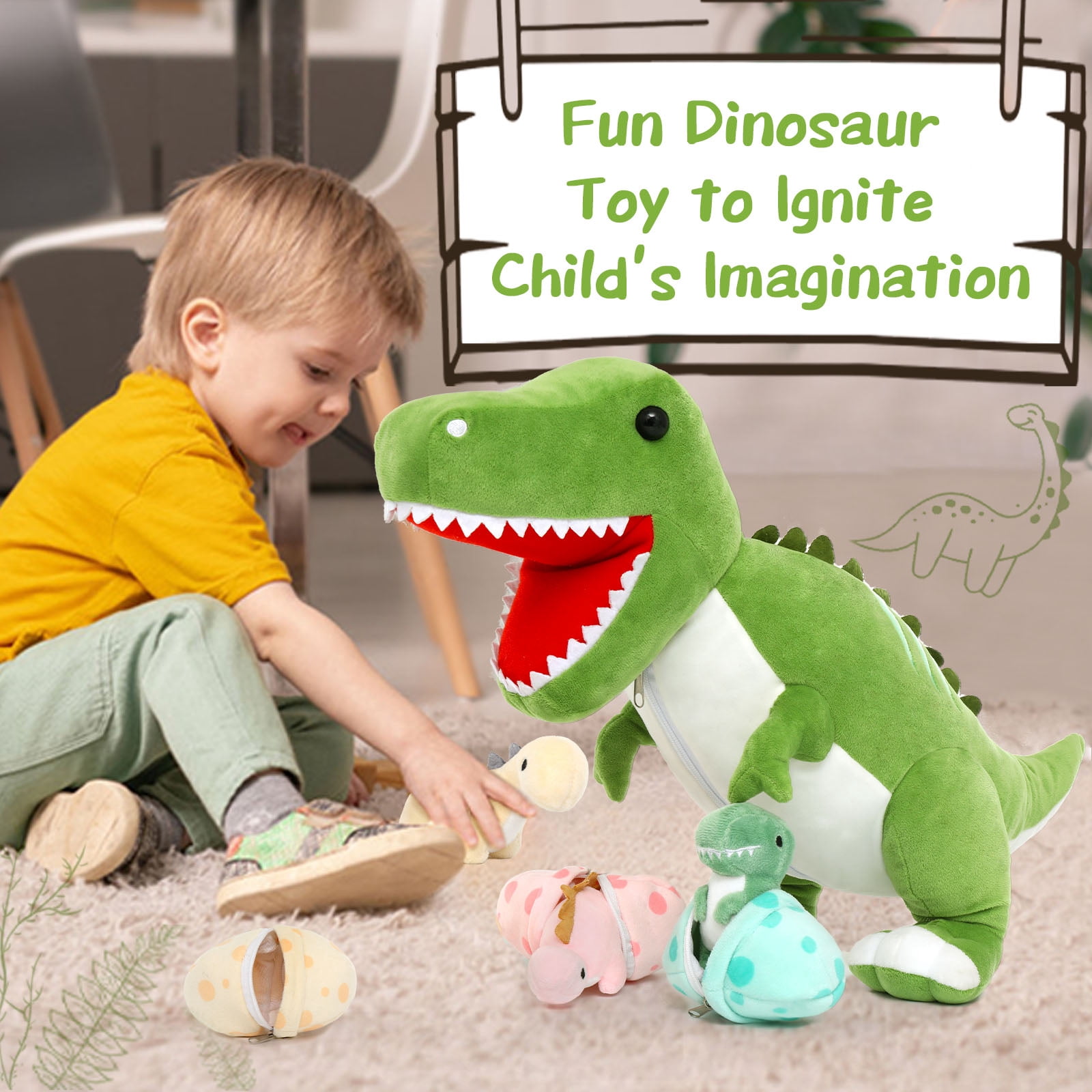 MorisMos 23.6" Green Dinosaur Stuffed Animal Mommy Dinosaur with 3 Baby Plush Toys