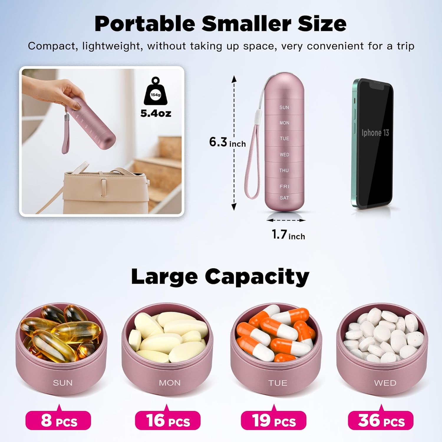 Metal Moisture Proof Weekly Pill Organizer, Stackable Aluminum Alloy BPA Free Travel Hiking 7 Day Pill Box Case