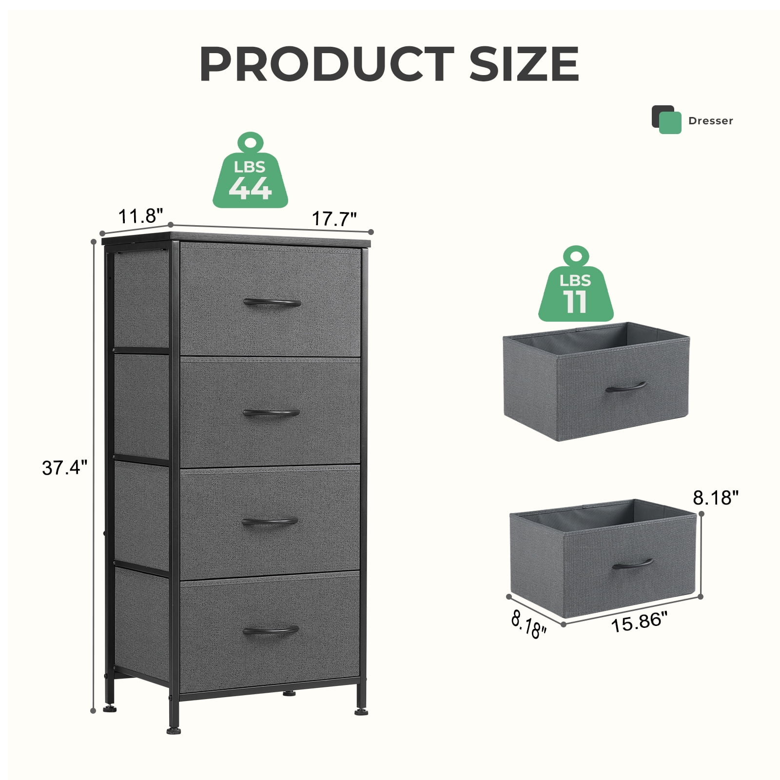 EDX 4 Drawer Fabric Dressers Cabinet, Ideal for Living Room & Bedroom Storage, Grey-1
