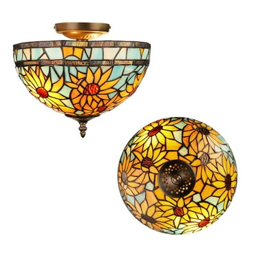 Lakiq Tiffany Style Semi Flush Mount Light Floral Sunflower Stained Glass Ceiling Light with Bowl Shade 11.81" Wide