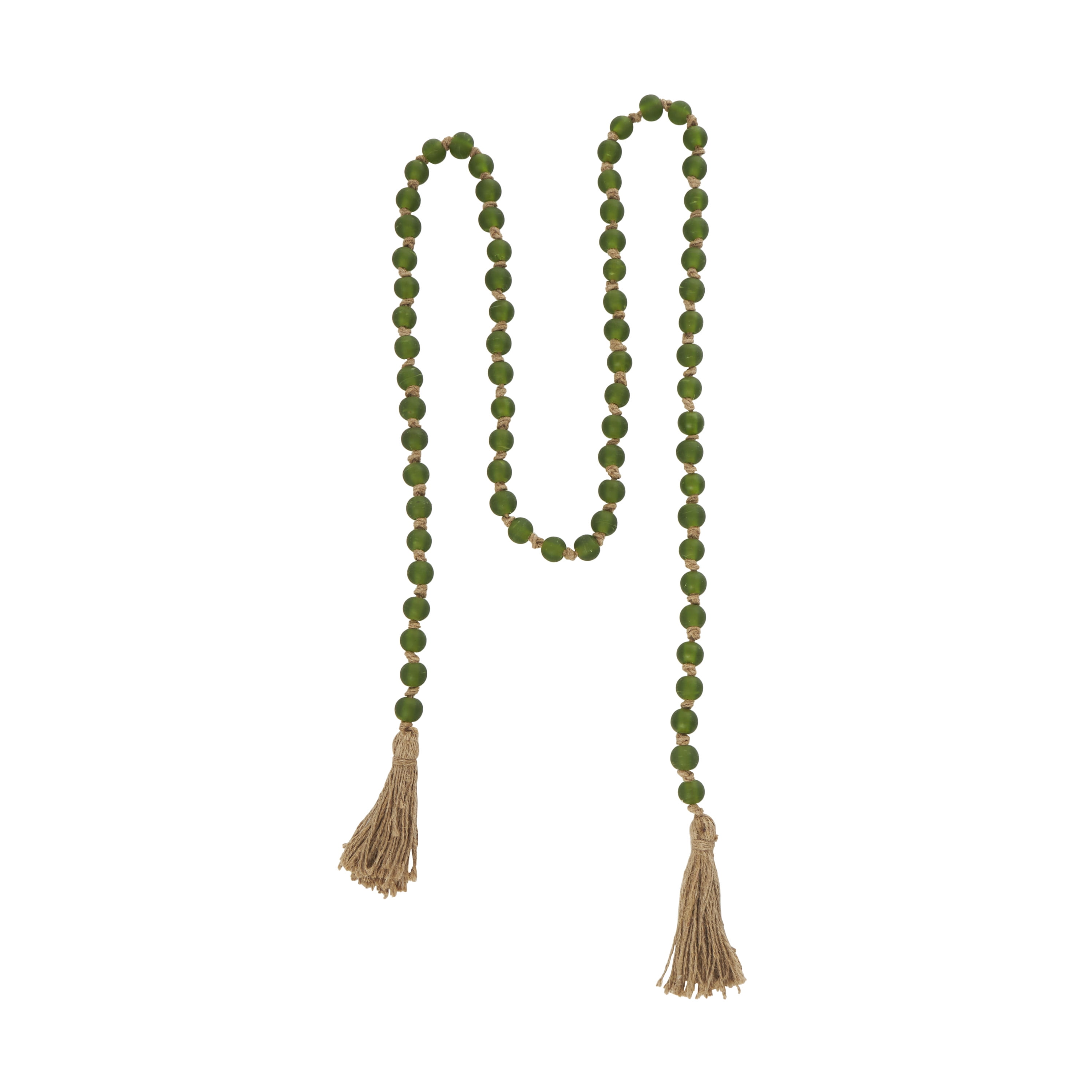 DecMode Handmade Round Long Frosted Beaded Green Glass Garland with Tassel with Knotted Brown Jute