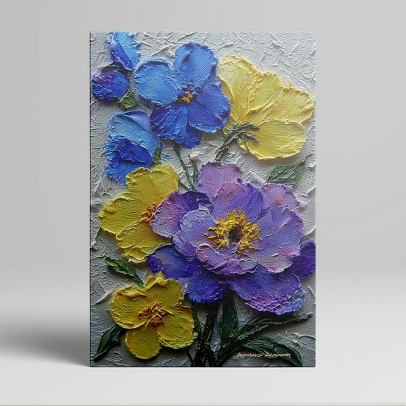 1pc Hand - Painted 3D Floral Canvas Wall Art with Blue, Yellow and Purple Flowers, Framed Decor room hanging Wall Picture Decor for Home Gifts, living room, bathroom, bedroom, kitchen wall art decor
