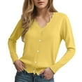 thumbnail image 6 of felwors Women's V Neck Long Sleeve Scalloped Knit Cardigan Lightweight Soft Sweater Yellow, XXL, 6 of 8