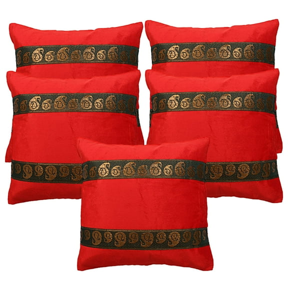 Stylo Culture Ethnic Decorative Throw Pillow Covers 16 x 16 Jacquard Red Zippered 40x40 cm Lounge Decor Satin Velvet Floral Square Cushion Covers | Set Of 5