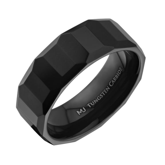Tungsten Carbide 8mm Geometric Multi Faceted Band Black Plated Finish Ring Size 8