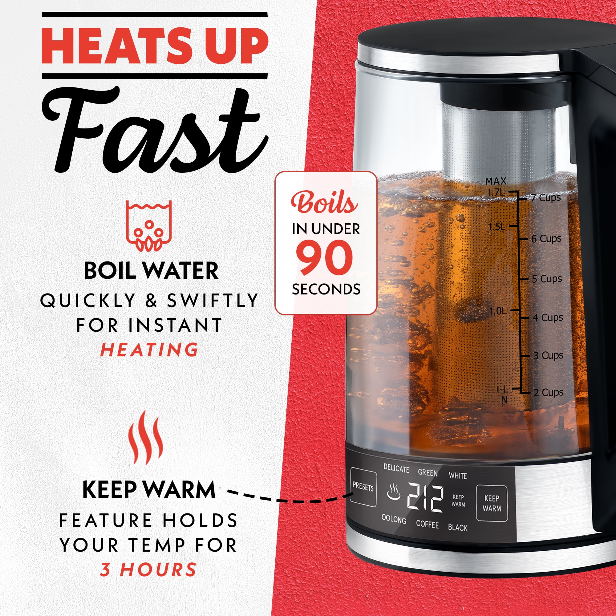 Gourmia 1.7L Programable Glass Kettle with Touch Display, Infuser, Black