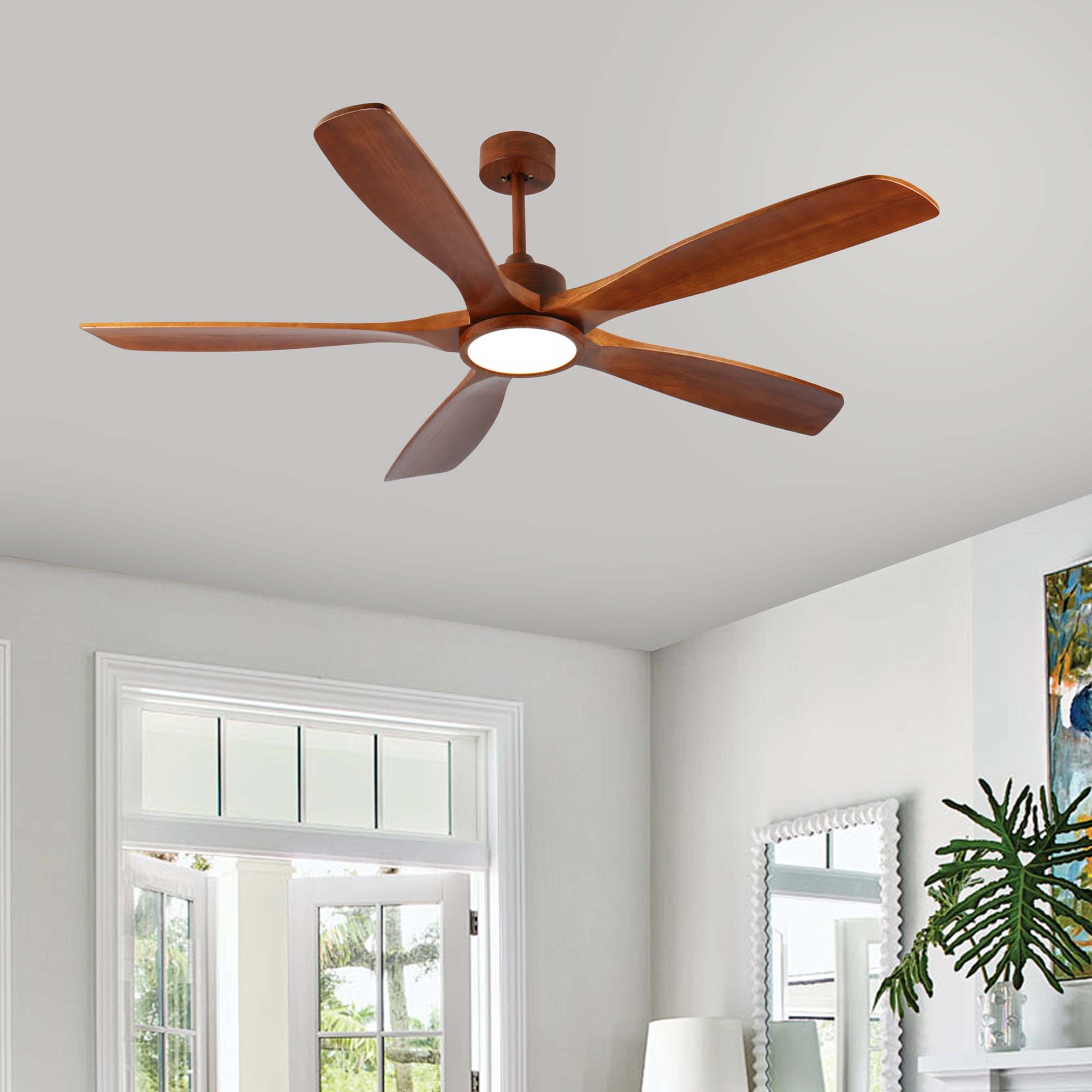 Miniyam 60 inch Wood Ceiling Fan with Lights and Remote, 5 Solid Wood Blades, Low Profile Ceiling Fan with Light, 6 Speed, Reversible DC Motor, for Bedroom/Outdoor/Farmhouse/Patios