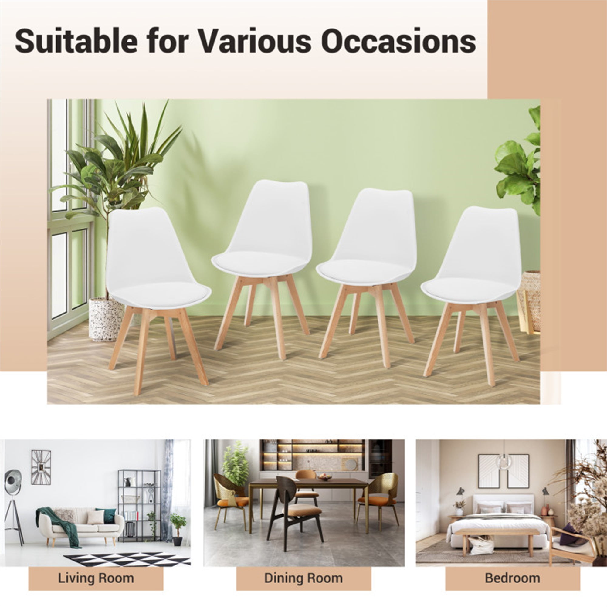 Demi Bonn Set of 4 Dining Chairs Mid-Century Modern Shell PU Seat with Wooden Legs, White