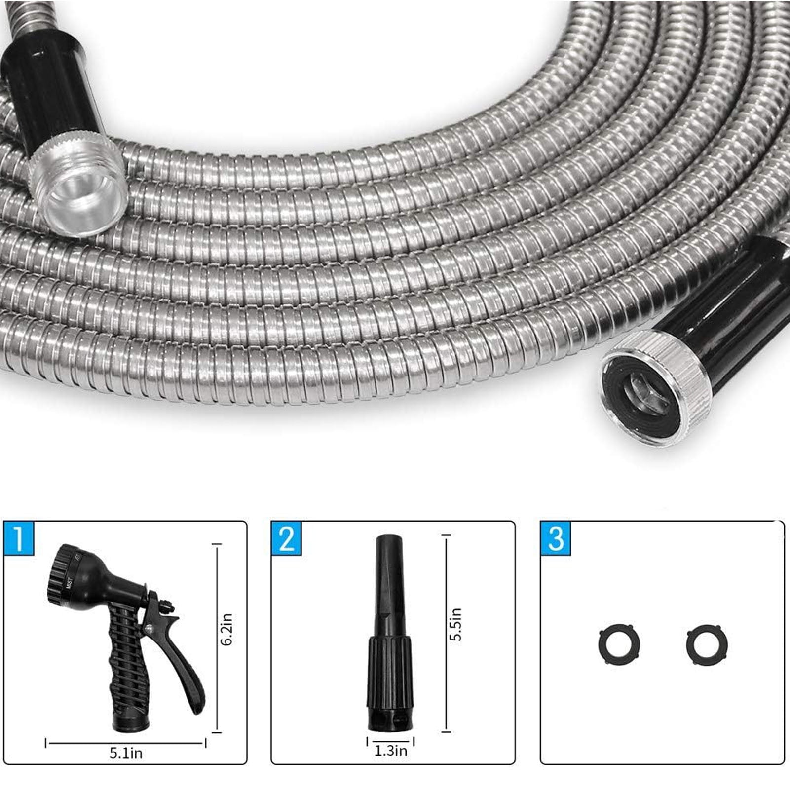 75 FT Garden Hose ,304 Stainless Steel Heavy Duty Water Hose with 7 Function Nozzles No-Kink Rust Proof for Yard Outdoor