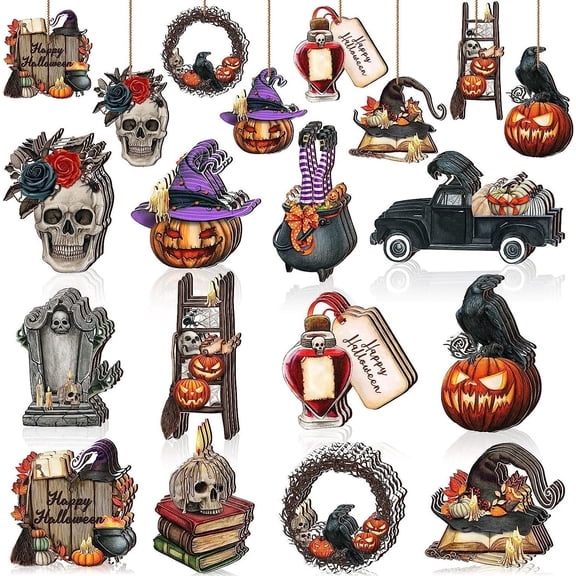 36 Pcs Halloween Wood Ornament for Tree Wooden Hanging Ornaments Pumpkins Leaves Flowers for Tree Vintage Halloween Cutouts Decorations for Holiday Party Supply
