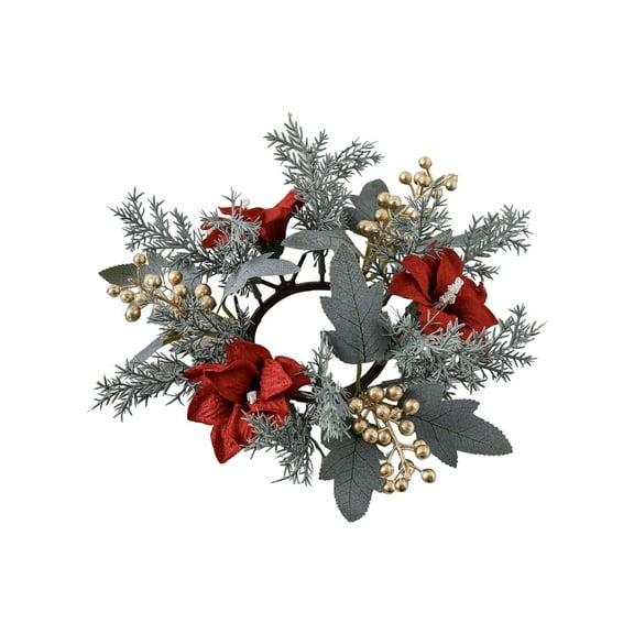 Costeam Christmas Poinsettia Berry Candle Rings Wreath Kitchen Cabinet Xmas Wreaths Table Centerpieces Mini Rings Candle Holder for Pillars Window Chair Wall Decor