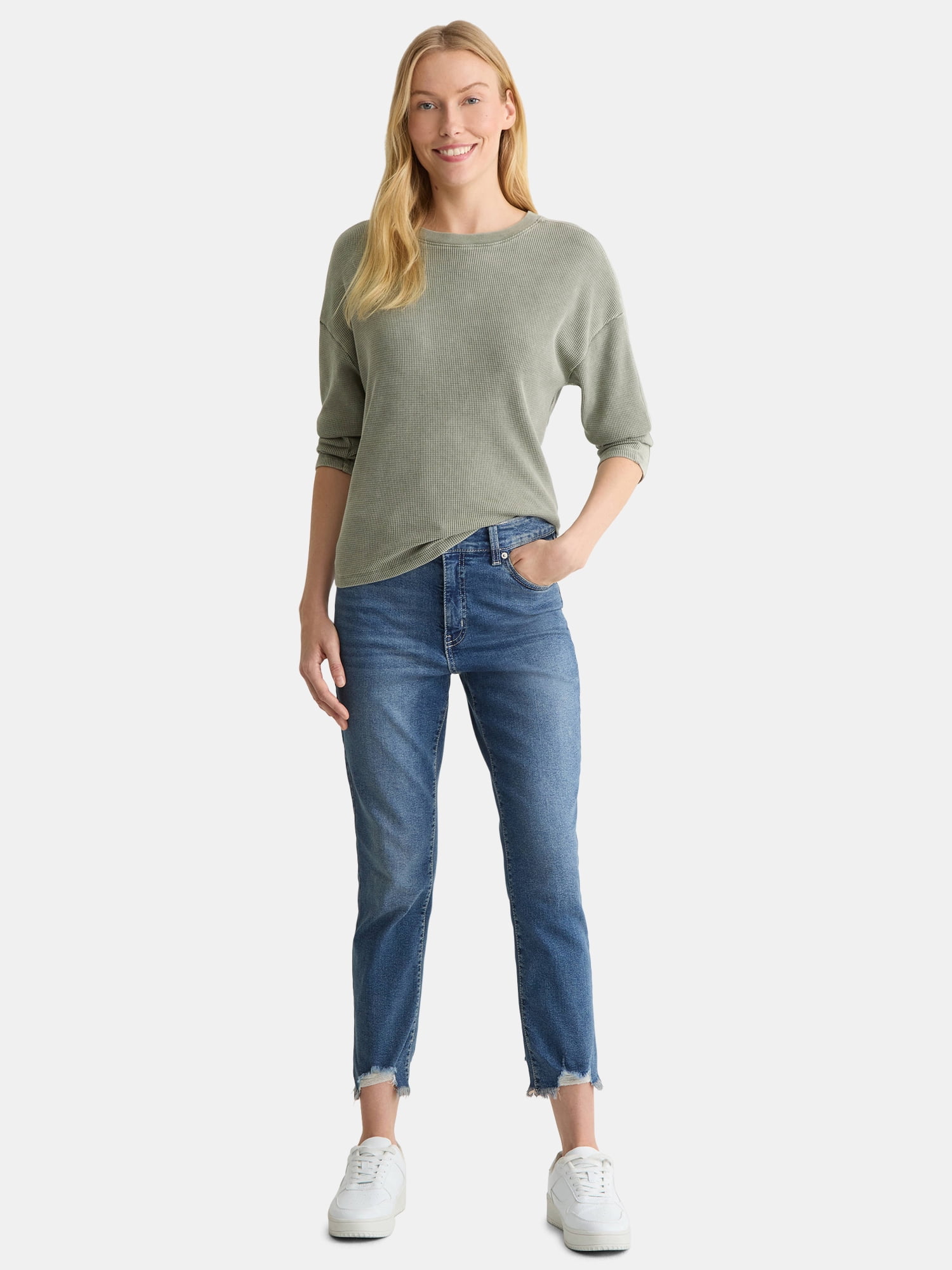 Time and Tru Women's Boxy Thermal Tee with Long Sleeves, Sizes XS-XXXL