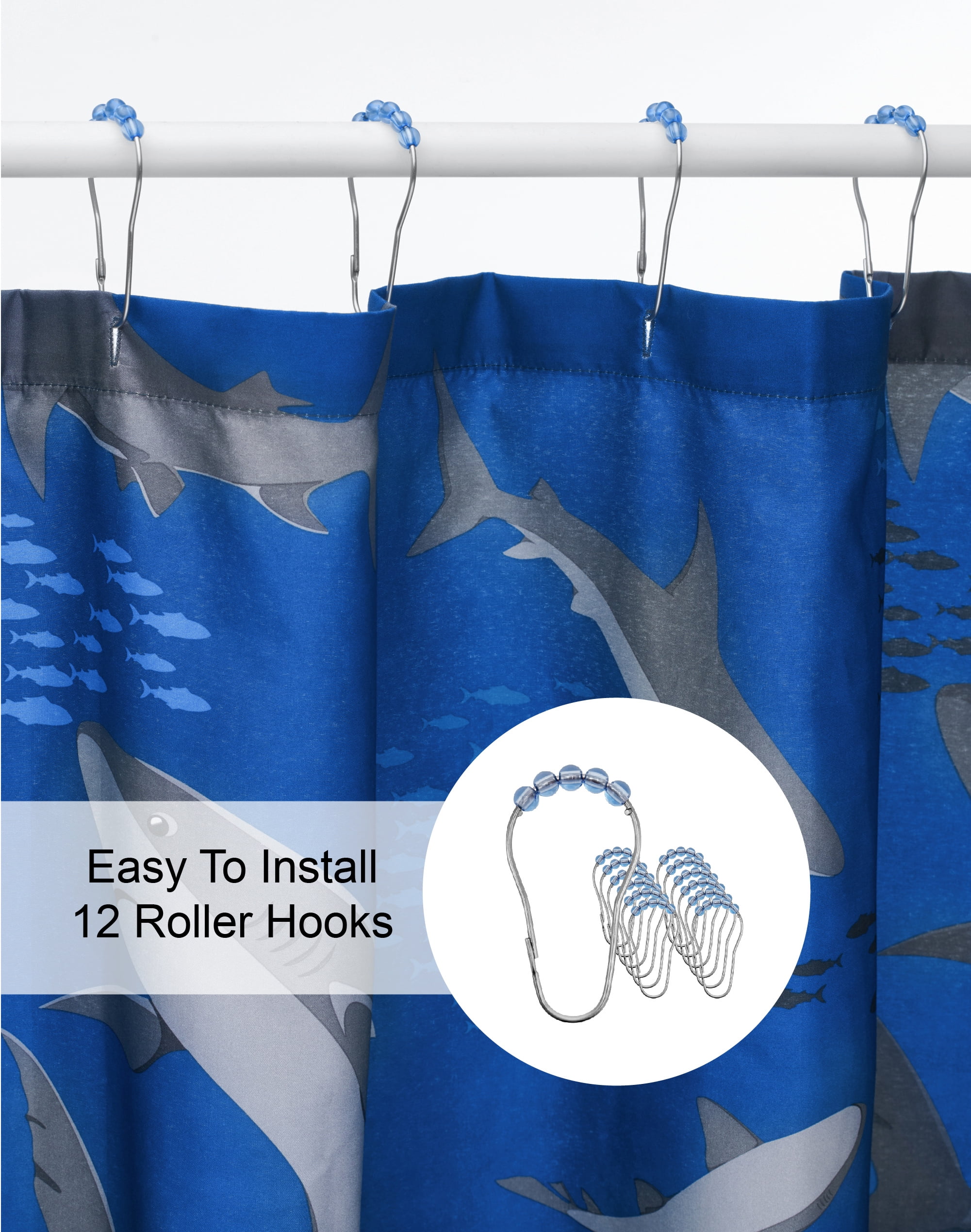 Your Zone Kids Navy Shark Shower Curtain with Hooks