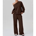 thumbnail image 6 of Women'S 2 Piece Outfits Off the Shoulder Crop Top Wide Leg Sweatpants Matching Lounge Sets Brown XL, 6 of 8