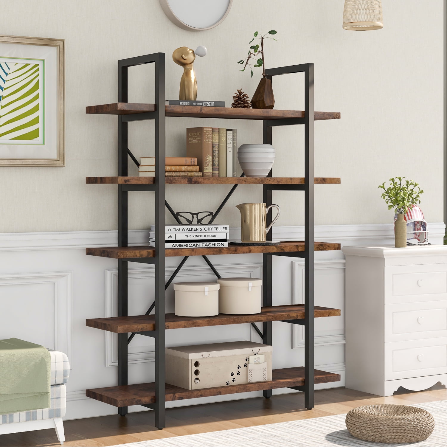 Clearance! 5Tier Bookshelf，Vintage Industrial Book Shelf, Rustic Wood