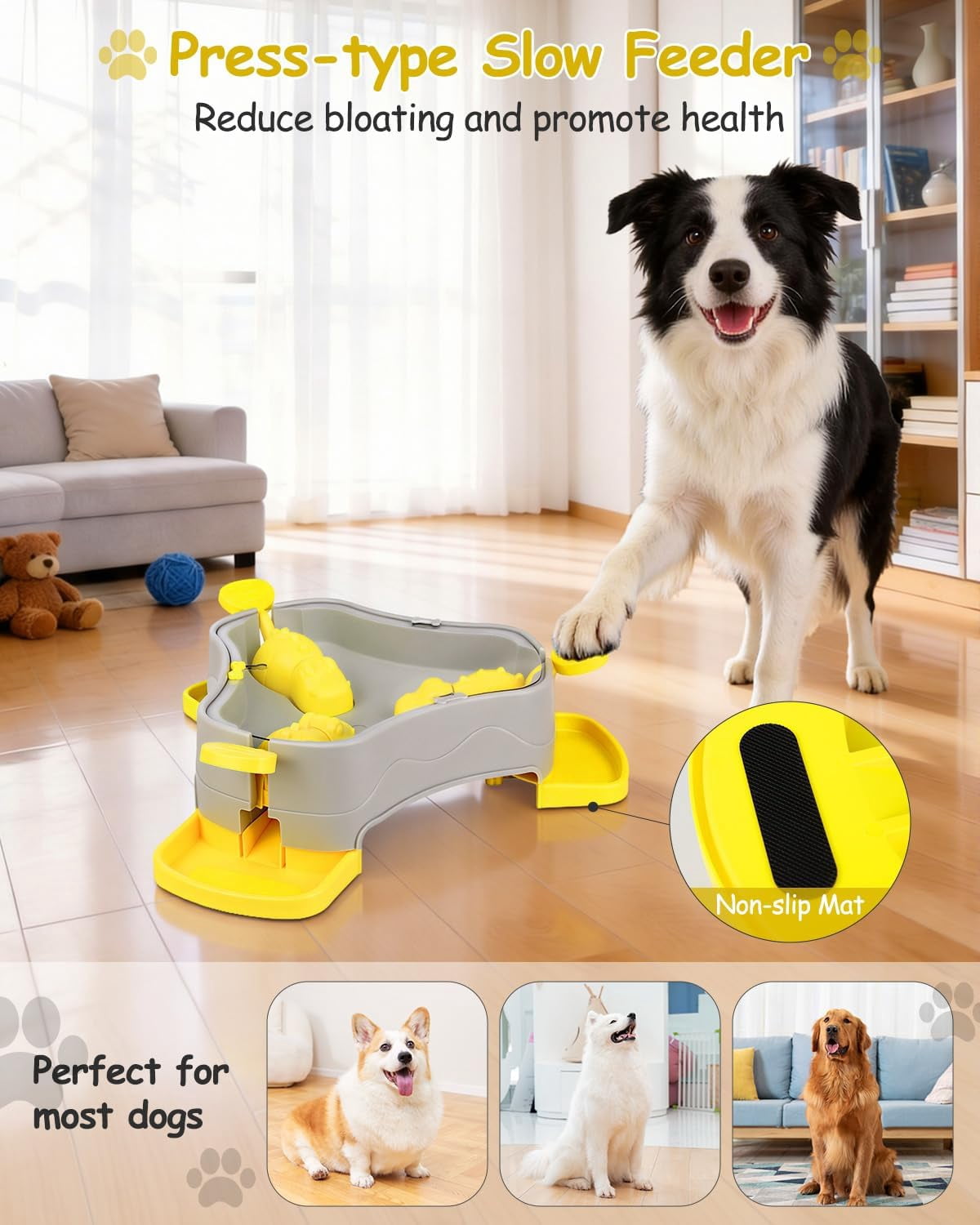 3-in-1 Press-Type Dog Treat Dispenser Puzzle Toy with No-Slip Slow Feeder for Interactive Brain Training and Enrichment for Smart Dogs and Cats, 3 Color Options
