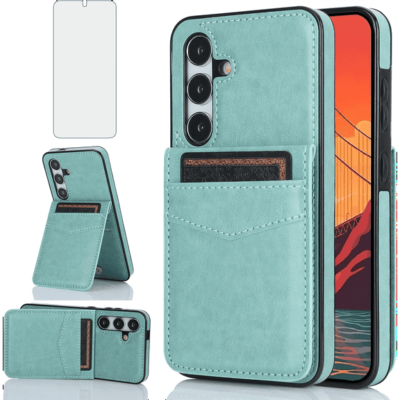 Asuwish Compatible with Samsung Galaxy S25 Plus S25 5G Wallet Phone Case Tempered Glass Screen Protector and Crossbody Ring RFID Card Holder Cell Cover for S25Plus 25S S 25 25 SM-S936U Women Teal