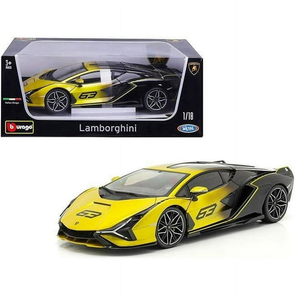 Bburago  1-18 Scale Lamborghini Sian FKP 37 No 63 Diecast Model Car, Metallic Yellow & Black