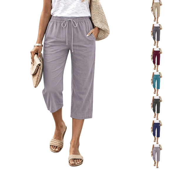 Women Petite Capris Pants Summer Casual Loose Drawstring Elastic High Waist Straight 2026 Lounge Beach Cropped Trousers Light Gray S