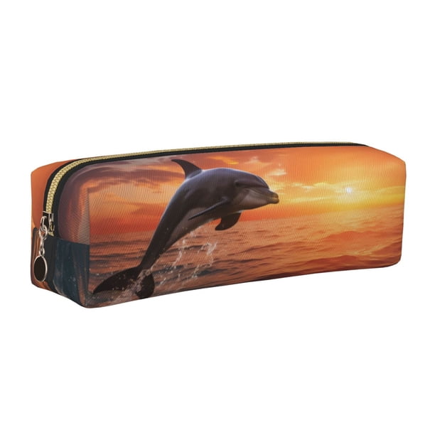 Balery Sunset Dancing Dolphin B Estuche de Lápices de Cuero Impreso, Estuche para Suministros de Arte, Estuche de Lápices con Cremallera, Estuche de Almacenamiento de Papelería