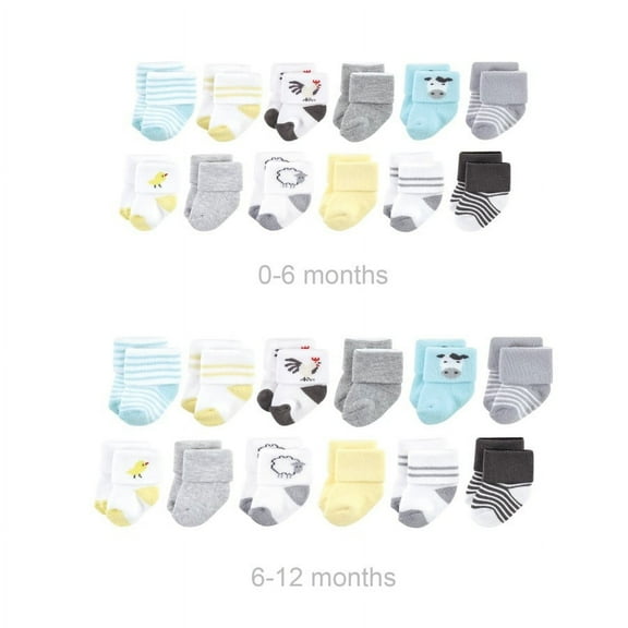 Hudson Baby Unisex Baby Grow with Me Cotton Terry Socks, Farm, 0-6 and 6-12 Months