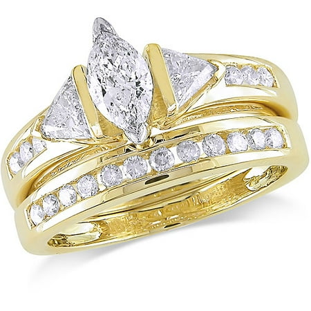 Miabella 1 Carat T.W. Marquise, Trillion and Round-Cut Diamond 14kt Yellow Gold Bridal Set