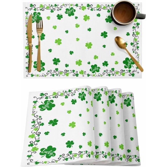 St Patrick''s Day Placemats Set of 6, Washable Woven Burlap Cloth Fabric Placemat for Square/Rectangle/Round/Oval Dining Table, Easy Clean Place Mats for Toddlers, Kids Green Watercolor Plant Spring