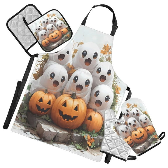 5 Pcs Kitchen Set Heat Resistant Oven Mitts and Non-Slip Pot Holders with Adjustable Cooking Apron Lovely Ghosts Sit on Pumpkins
