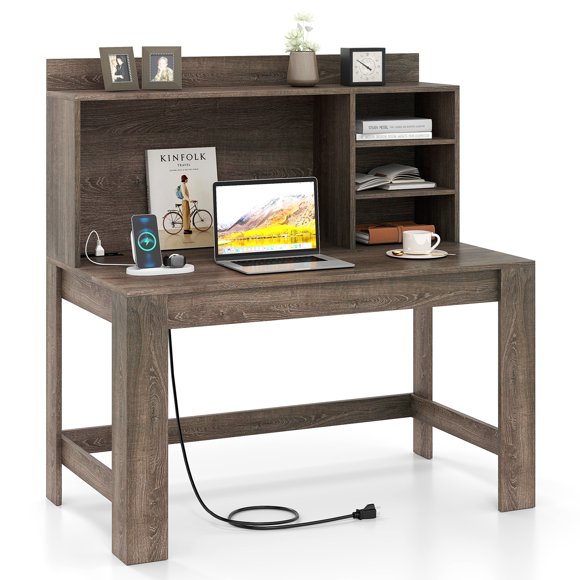 Gymax Computer Desk w/Hutch 2 Power Outlets USB & Type-c charging Ports 3 Shelves