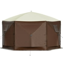 10'x10' Pop-Up Gazebo Tent, 6-Sided Camping Canopy w/Mesh Windows & Storage Bag, Waterproof Shelter for 8 People, Brown/Beige