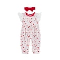 thumbnail image 1 of Kiapeise Baby Girl Lace Fly Sleeve Heart Print Romper One Piece Jumpsuit and Headband, 1 of 8