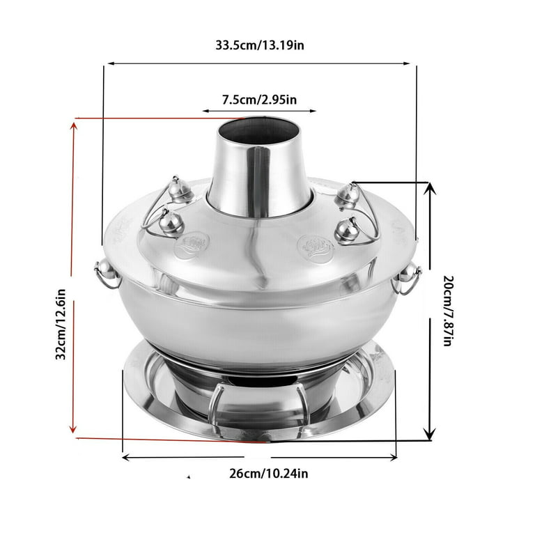 Stainless Steel Hot Pot Chinese Charcoal hotpot, Traditional Meat Cooking  Silver 2.3QT