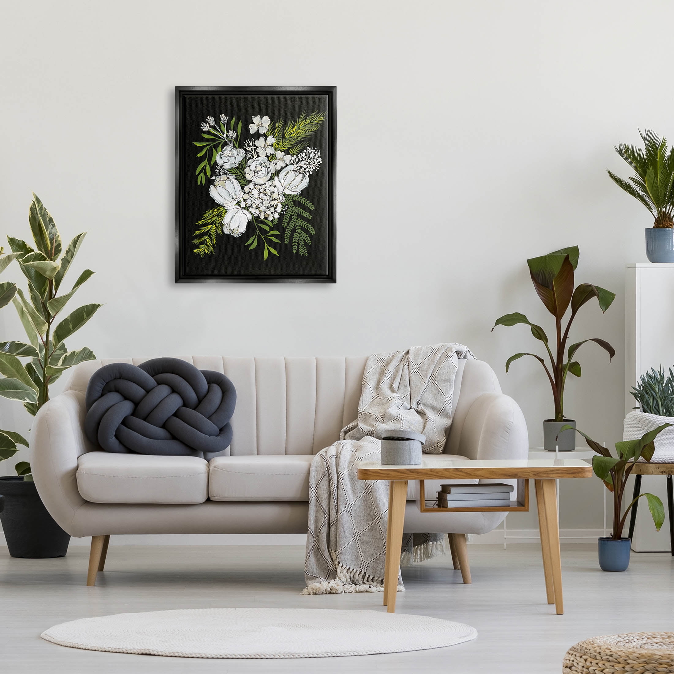 Stupell Industries Blooming White Flower Arrangement Design Graphic Art Jet Black Floating Framed Canvas Print Wall Art, Design by Regina Moore