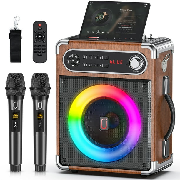 Bocina Karaoke JYX, Máquina de Karaoke, Altavoz Bluetooth con 2 Micrófonos de Karaoke, Altavoz Portátil con DJ Luces, Altavoces Bluetooth Sistema PA Soporte FM/USB/TF/REC/AUX, para la Party Fiesta