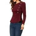 thumbnail image 4 of MODA NOVA Juniors Casual Round Neck Puff Long Sleeve Button Decor Peplum Blouse, 4 of 6