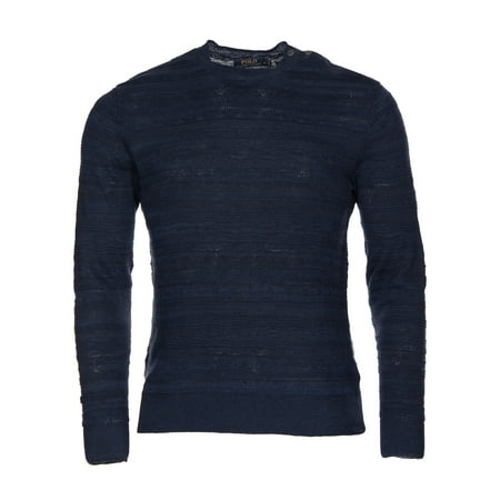 Buttoned Shoulder Textured Crewneck Sweater Navy Small S