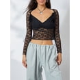 thumbnail image 3 of Musuos Women Crop Lace Tops See-Through Long Sleeve V Neck Basic Shirt Casual Pullover, 3 of 9