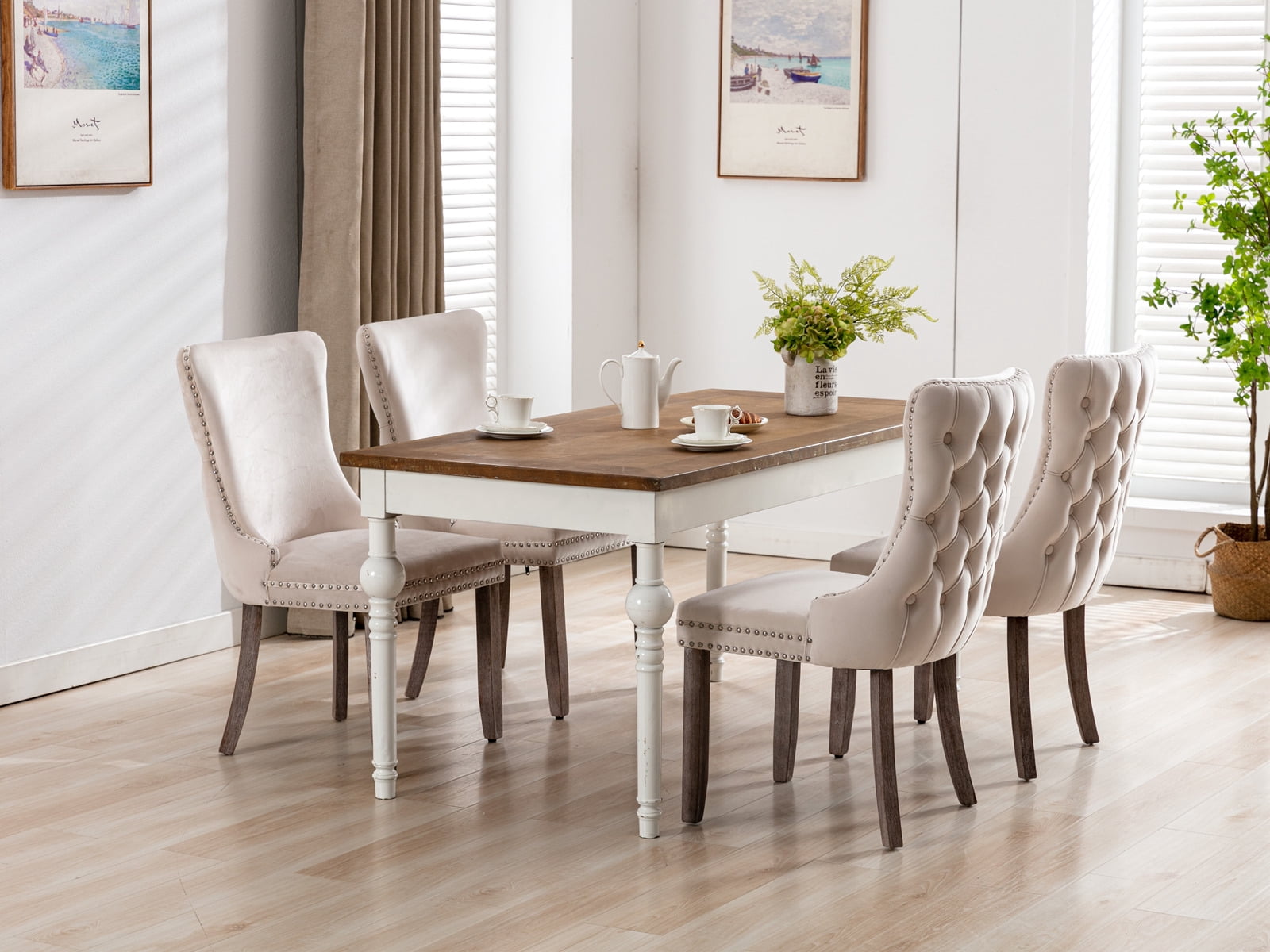 Gewnee Furniture,Upholstered Wing-Back Dining Chair with Backstitching Nailhead Trim and Solid Wood Legs,Set of 2, Beige,Recommended for Use in The Dining Room.