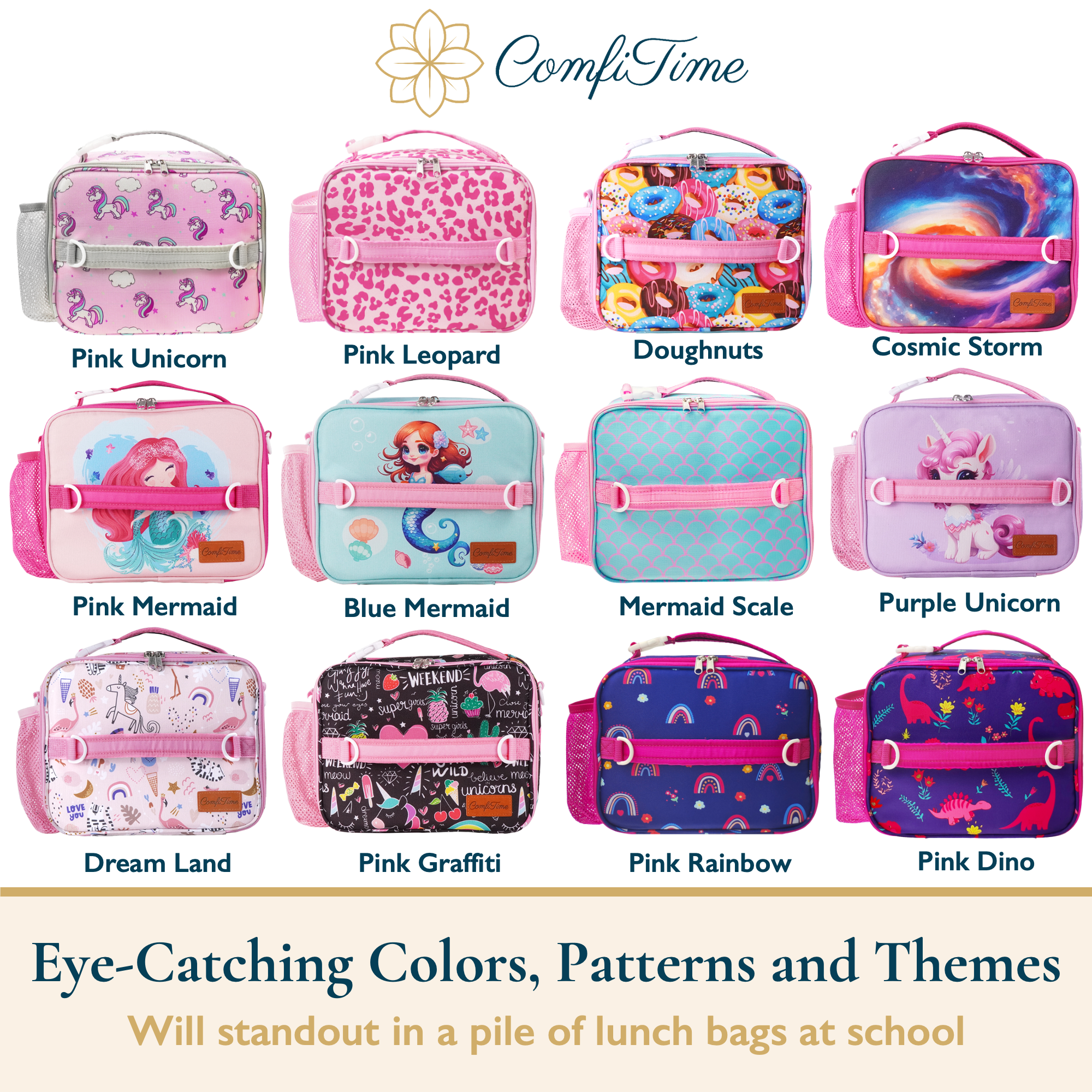 ComfiTime Lunch Bag for Kids – Insulated Lunch Box for Girls and Boys, Cute Reusable Cooler Bag with Zipper Pockets, Bottle Holder, Padded Handles and Shoulder Strap (Pink Unicorn)